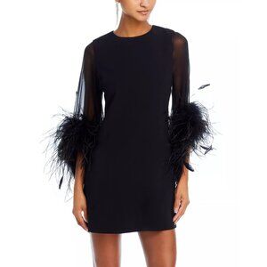 NWT Alice + Olivia $1,074 Black Izola Feather Cuff Mini Dress Size 4